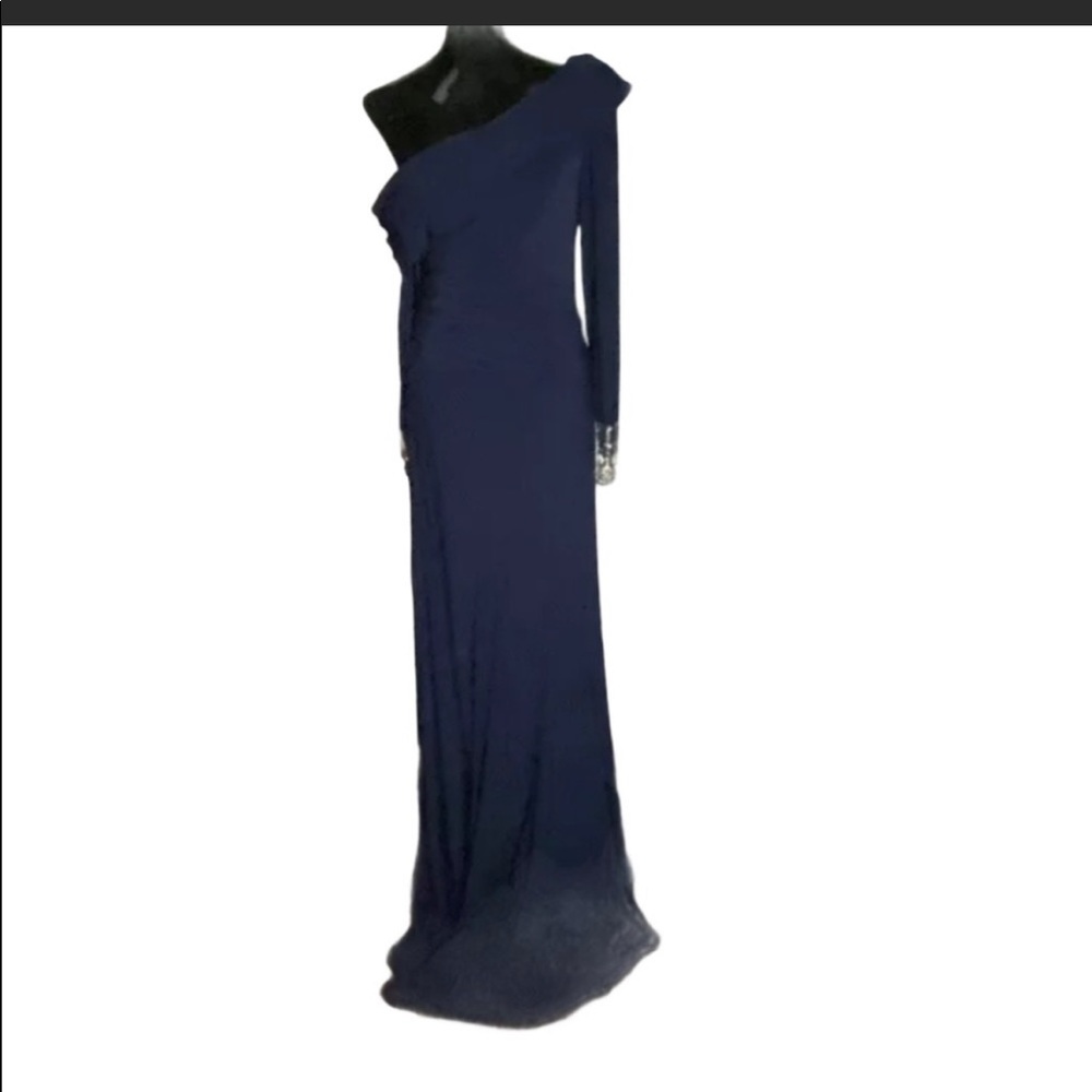 Mac Duggal Navy One-Shoulder Jersey with Long Sleeves and Dramatic Sequi…